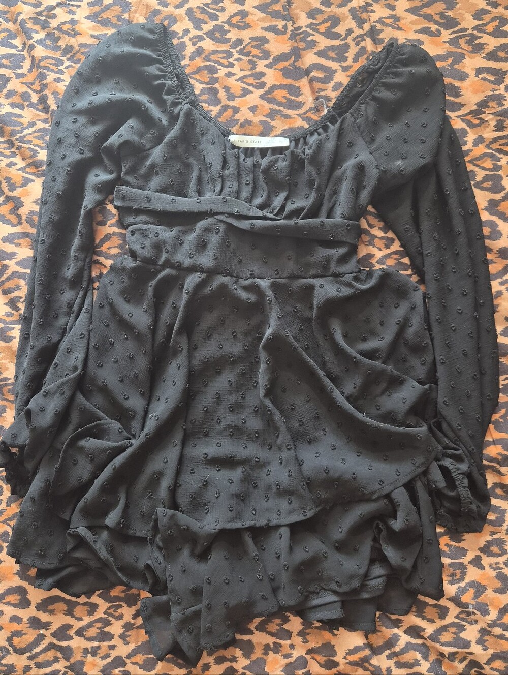 Altar'd State Black Polka Dot Textured Long Sleeve Romper